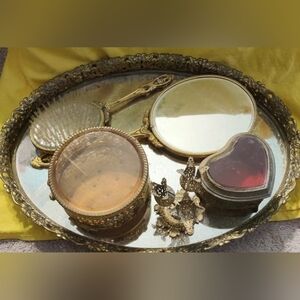 Vintage Vanity Set Handle Mirror, Brush Comb, 2 Small Jewelry Or Makeup Holders